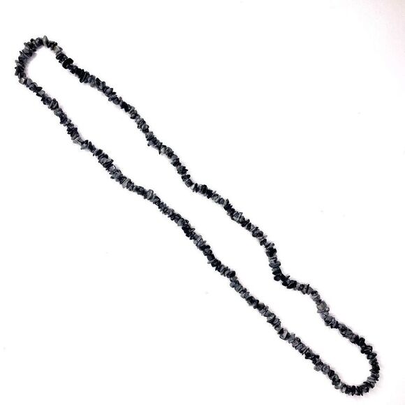 Black Gray Chip Stone Necklace Snowflake Obsidian 16” - Picture 3 of 4
